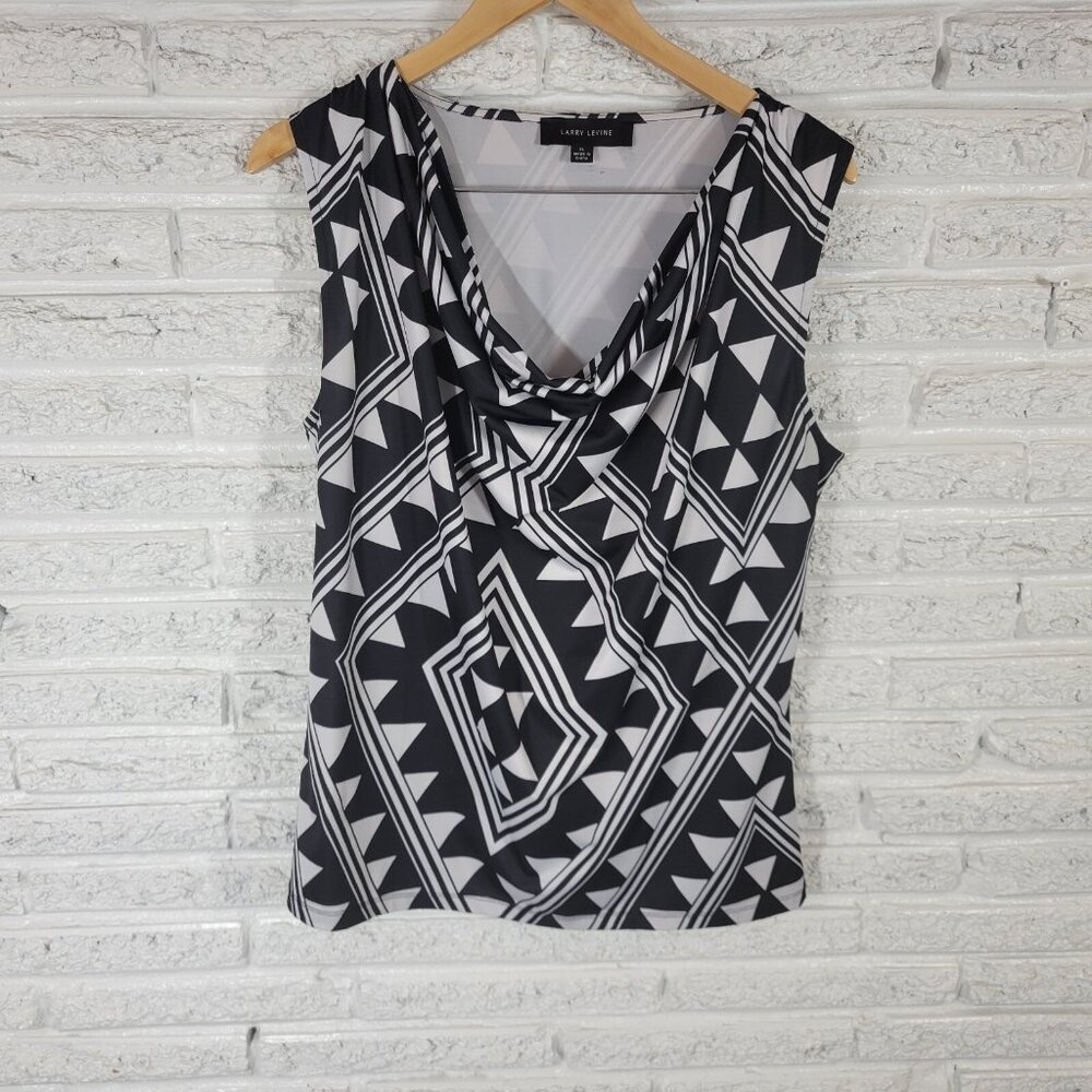 Larry Levine Women's XL Top Blouse Black Geometric Stretch Sleeveless GEO101XE